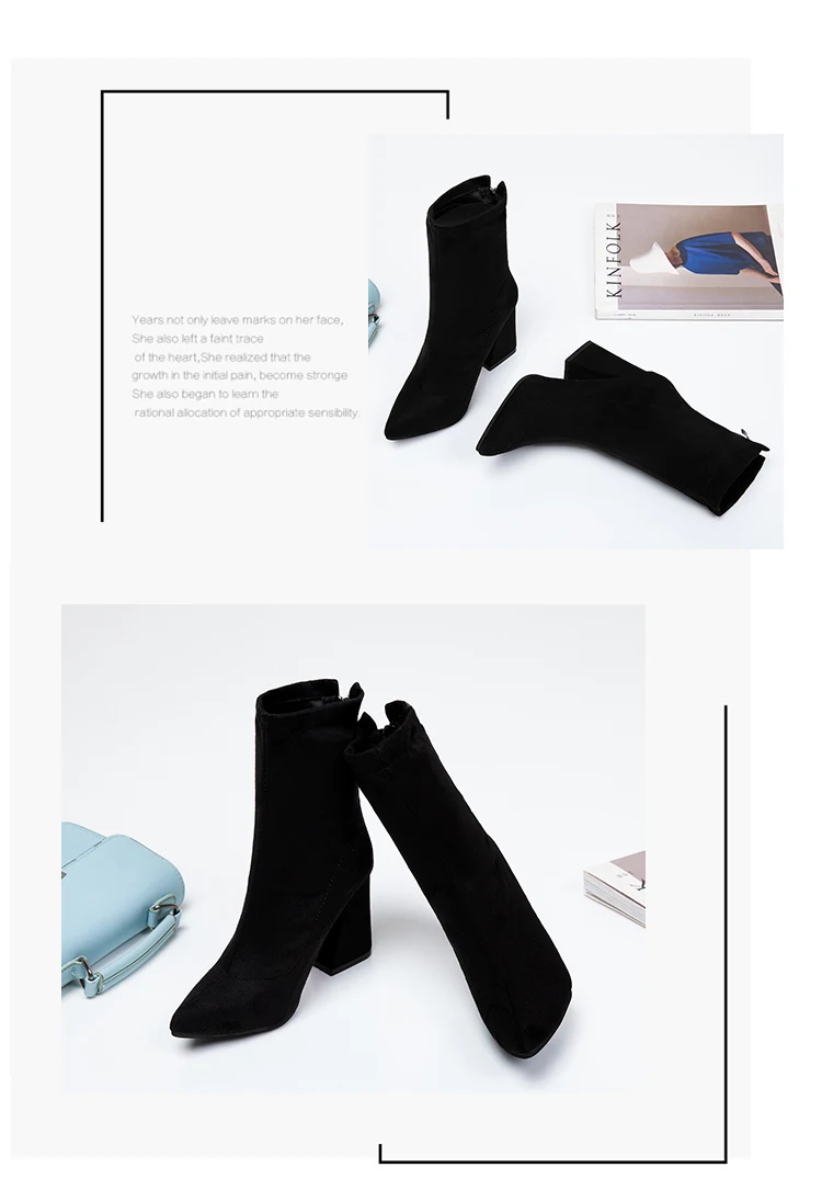 Г., новые модные зимние женские ботинки на высоком каблуке с острым закрытым носком простые и удобные женские ботинки из флока, Zapatos De Mujer