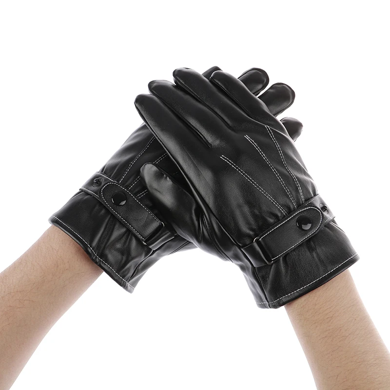 1Pair Mens Black PU Leather Winter Warm Mittens Gloves Cashmere Outdoor Driving Button Windproof Gloves