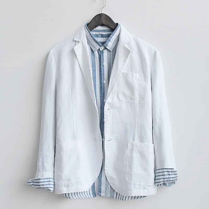 

2020 Winter Smart Casual Blazers Men Single Button 100%Linen Jacket Fashion High Quality Coats Male Suits Clothes Y2374