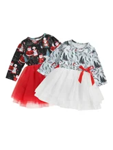 Robe de noël en Tulle pour petites filles, jupe taille haute imprimée de dessin animé, manches longues, col rond, vêtements de princesse pour enfants