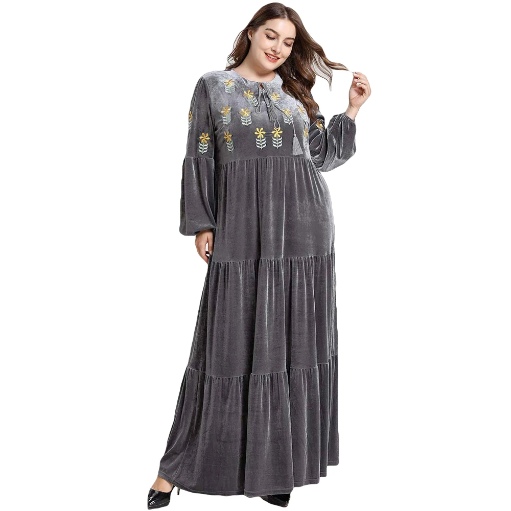 Мусульманское Абая бархатное платье с длинным рукавом для женщин плиссированная вышивка абайя, Кафтан Дубай вечерние платья исламский