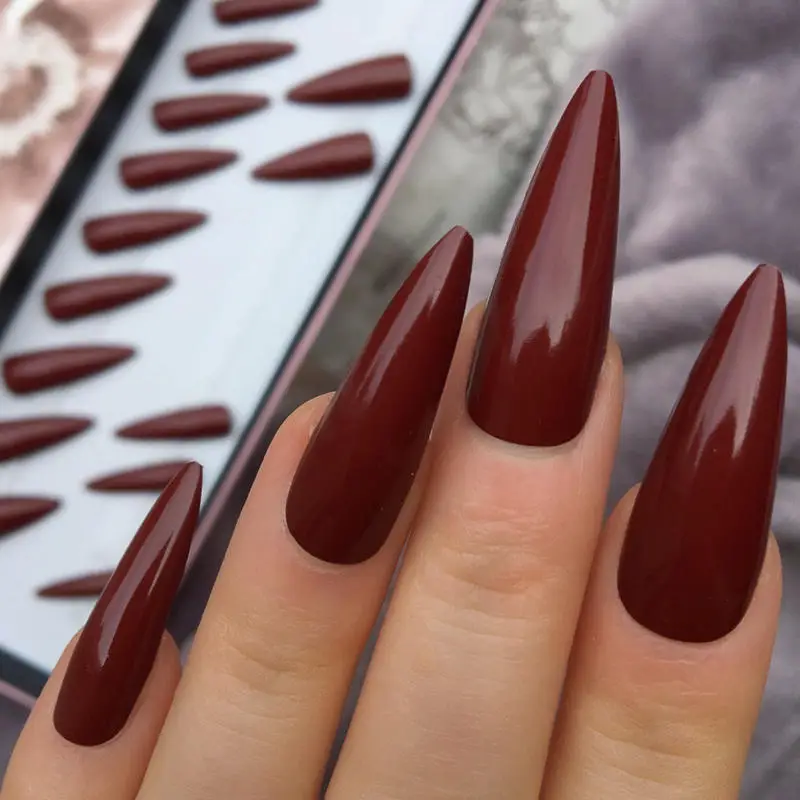 Накладные ногти-стилеты для ногтей длинные острые Nep Nagels с клеем, стикер глянцевый пластик искусственные винно-красные накладные ногти для Хэллоуина Вечерние