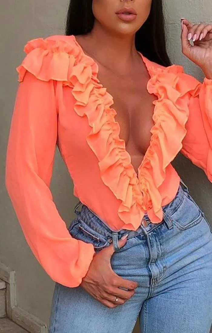 Модные женские рубашки прозрачные сетчатые оборки глубокий v-образный вырез блузка женская с длинным рукавом однотонные топы рубашки осенние сексуальные женские блузки - Цвет: Оранжевый