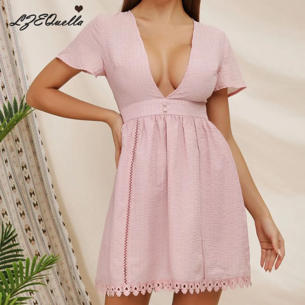 LZEQuella 2020 Summer Women V Neck Lace Patchwork Dress Ladies Solid Mini Short Sleeve Party Dresses Vestido NZ1467 LZEQuella 2020 Summer Women V Neck Lace Patchwork Dress Ladies Solid Mini Short Sleeve Party Dresses Vestido NZ1467