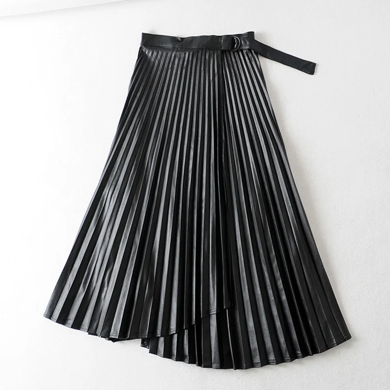 Fandy lokar, юбки из искусственной кожи, женская модная плиссированная Асимметричная юбка, женская элегантная юбка до середины икры с поясом, Женская юбка