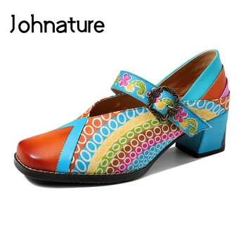 

Johnature High Heels Retro Square Toe Pumps Women Shoes 2020 New Spring Buckle Strap Genuine Leather Sewing Casual Ladies Shoes