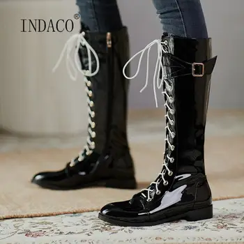 

2020 New Winter Boots Women White Knee High Boots Metal Buckle Cross Striped Motorcyle Boots Thigh High Side Zipper Plus Size 43