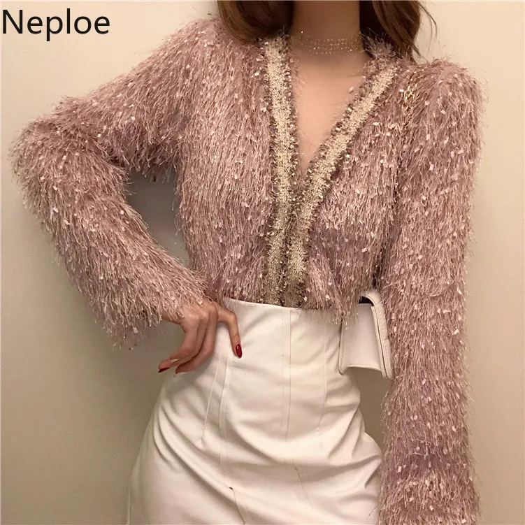 Neploe, короткий кардиган с кисточками, женский осенний свободный короткий топ, длинный рукав, v-образный вырез, винтажная элегантная верхняя одежда, Женское пальто 56260