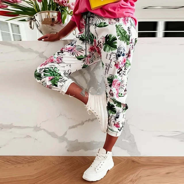 Women Elegant Lace-Up Elastic Waist Sport Trousers Spring Summer Vintage Floral Print Long Pants Female Loose Casual Sweatpants