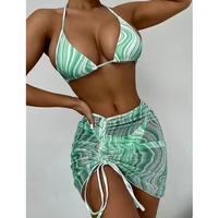 3 pcs Tie Dye Halter Bikini Swimsuit & Beach Skirt