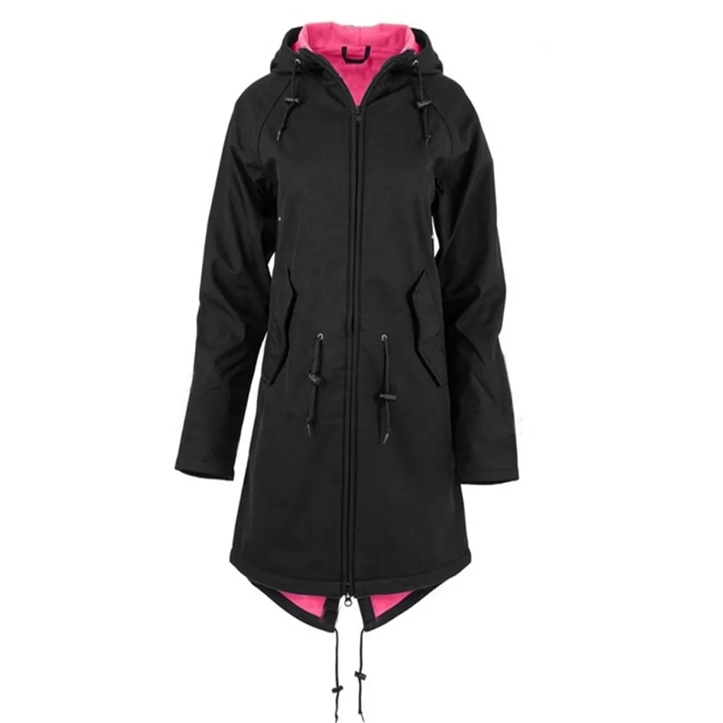 Женская однотонная дождевик с капюшоном и карманами, водонепроницаемая куртка, ветронепроницаемое длинное пальто, женские повседневные куртки на кулиске