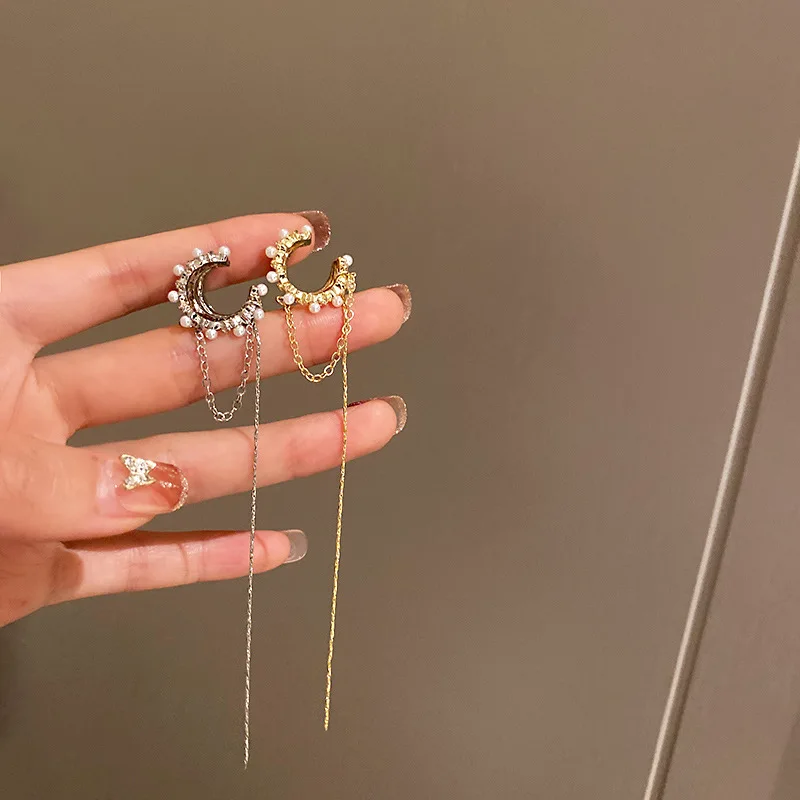 Multi-Layer Clip Earrings For Women Geometric Zircon Pearl Ear Bone No Pierced Long Chain Tassel