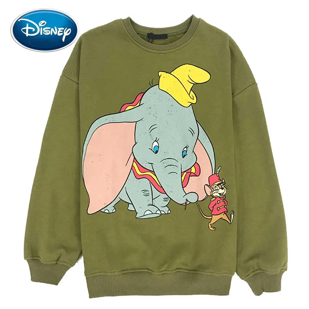 Disney стильный слон Дамбо мышь мультфильм печати армейский зеленый Футболка Повседневная Женская o-образным вырезом пуловер с длинным рукавом Harajuku Свободный Топ