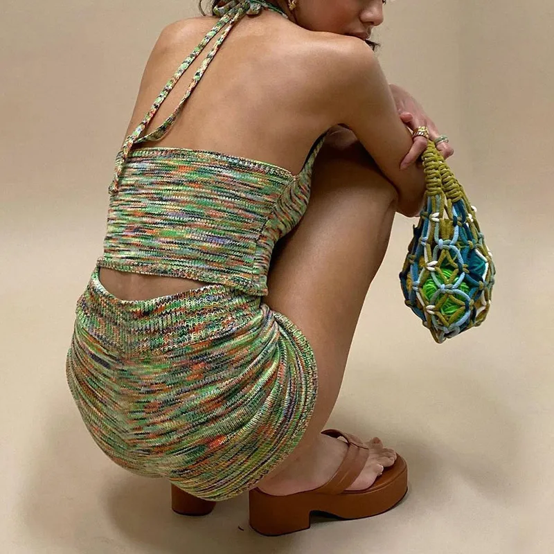 Casual Women Knitted Tracksuit Tie Dye Short Skirt Set Summer Halter Skinny Tops And Mini High Waist Skirt Two Piece Set - Image 2