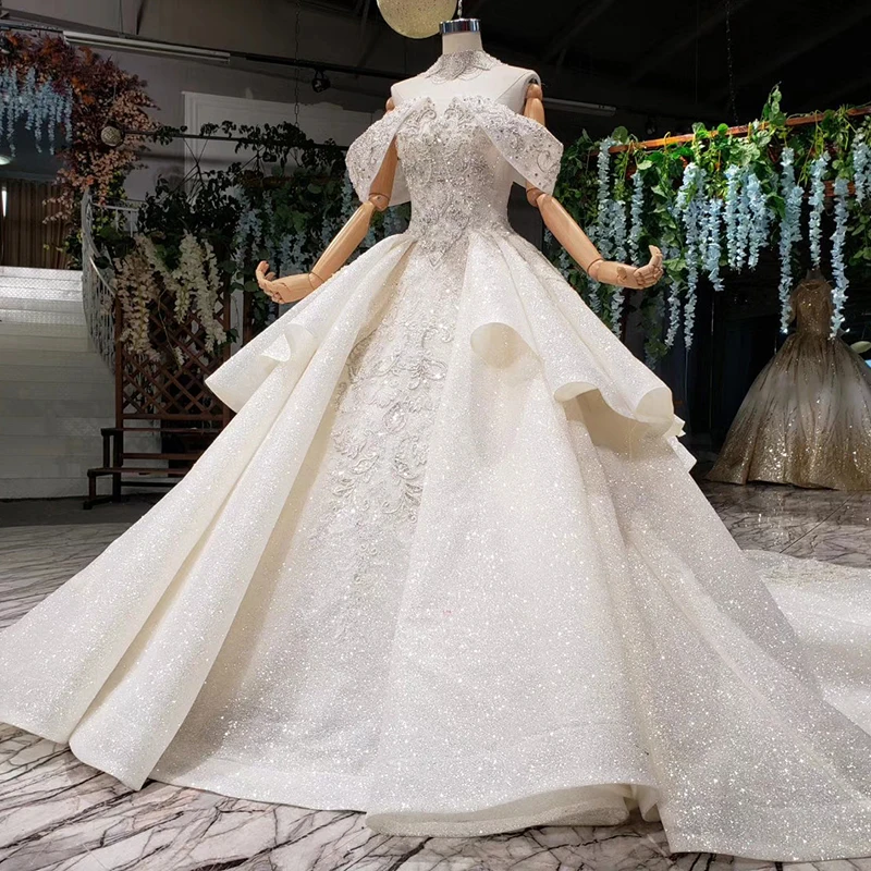 HTL988 vestido de noiva, свадебные платья принцессы, блестящее свадебное платье с открытыми плечами, воротником из бисера, цепочкой, королевским шлейфом, trajes de novia