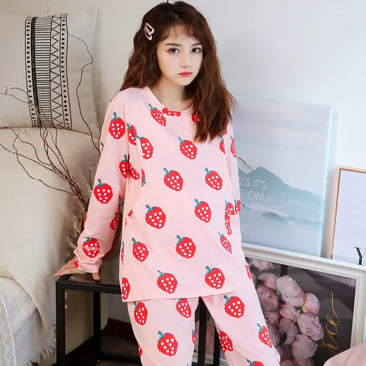 

Spring And Autumn Korean-style New Style Maternal Nursing Nursing Clothes Strawberry Printed Long Sleeve Cotton Maternity Clothe
