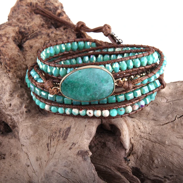 Boho Wrap Bracelet Made From Natural Stones Leather And Beads