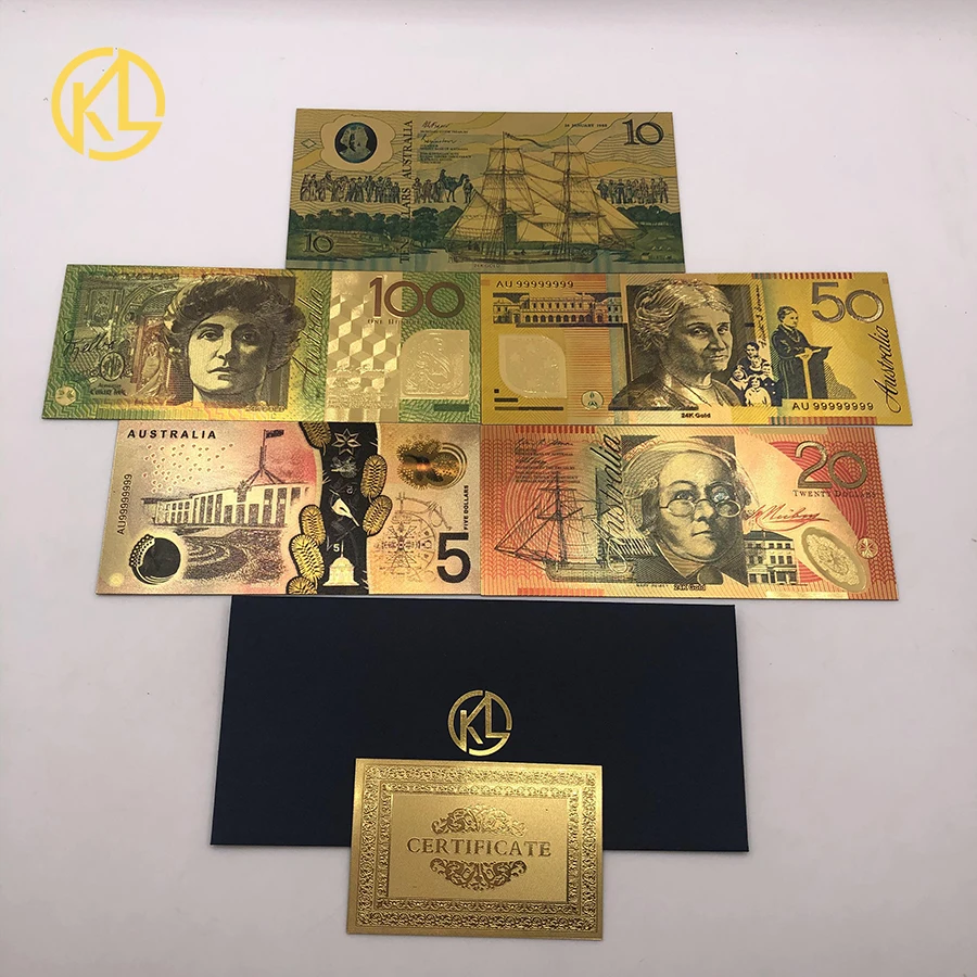 Австралия 10 долларов Золотая банкнота покрытая красочными AUD 100 50 20 10 5 долларов Золотая фольга коллекция банкнот