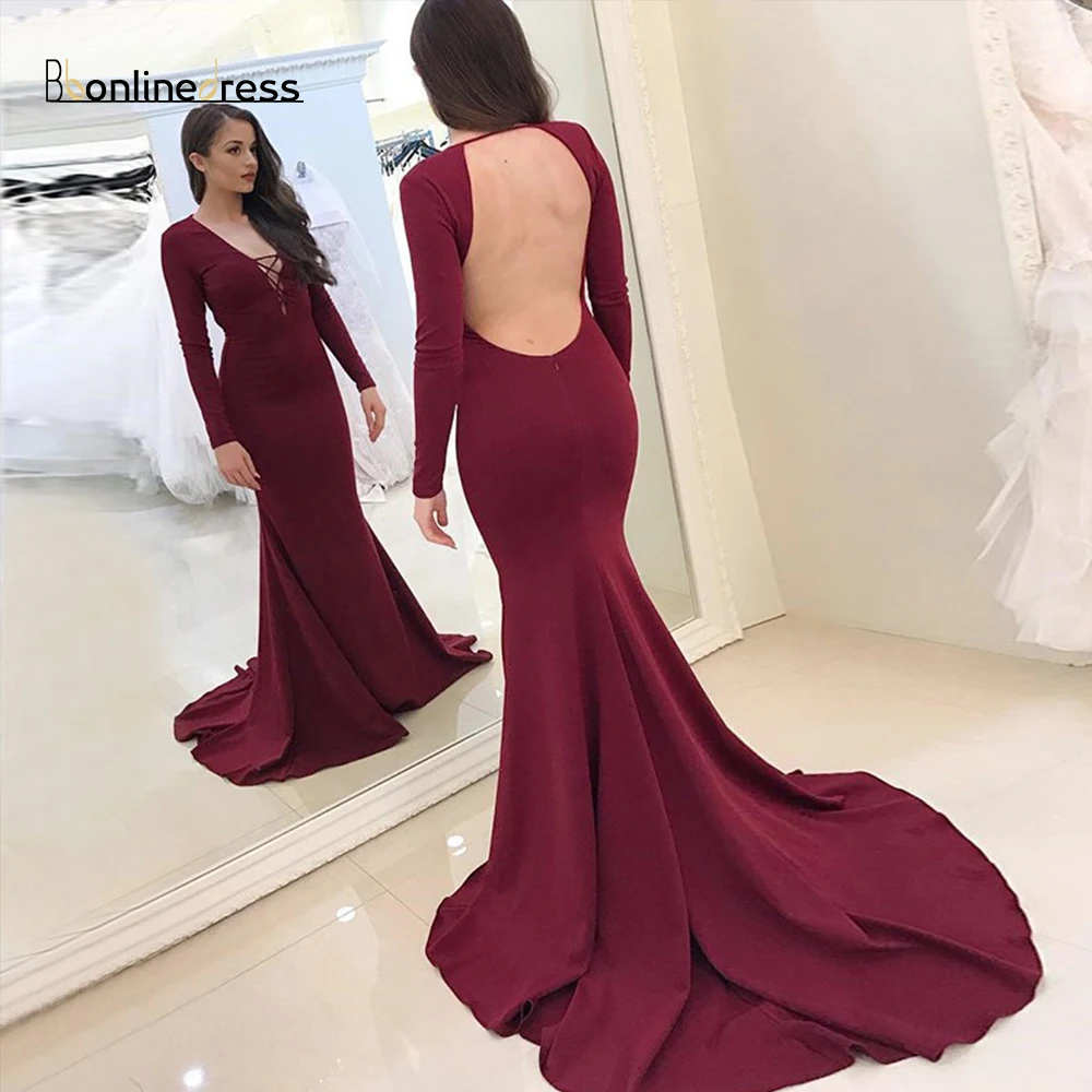 

Elegant Formal Gowns Full Sleeves Mermaid Evening Dress V-Neck Backless Evening Dresses Party Gowns vestidos