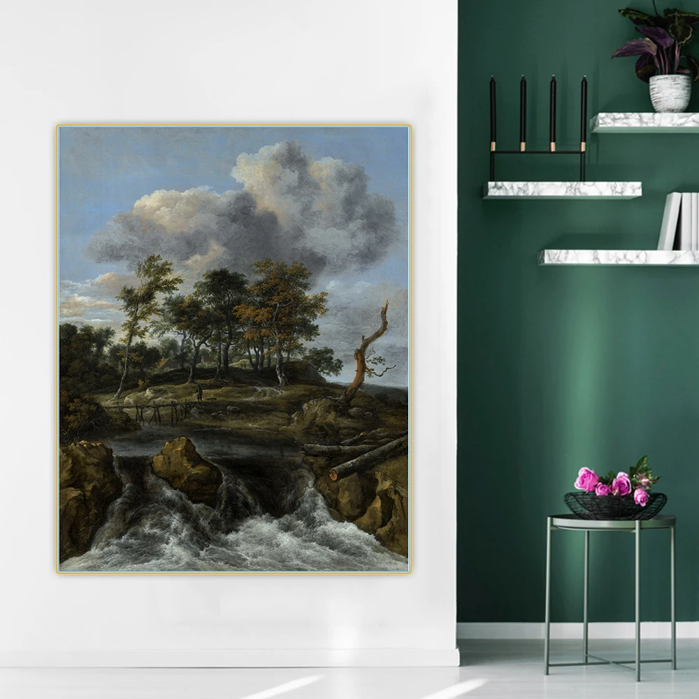 Winter Van Ruisdael "Landschap Met Waterval En Een Houten Voetbrug" Tela Pittura A Olio Estetica Poster Immagine Decorazione Domestica
