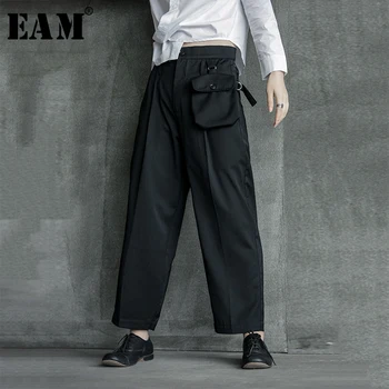 

[EAM] High Waist Black Pocket Suit Long Trousers New Loose Fit Pants Women Fashion Tide All-match Spring Autumn 2020 1B209