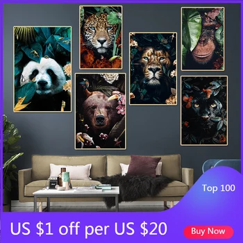 

Canvas Painting wall art Lion poster Tiger Elephant Elk Orangutan Animal in flowers picture Modern Classical Decorative Painting
