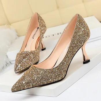 

Yalnn Fashion Metal High Heels Shallow Pointed Toe Shine Sexy Daily Shoes Neutral High Hell Pumps Woman Heels High Bridal Shoes