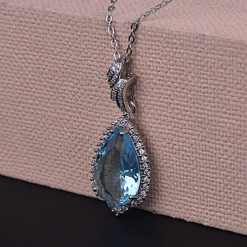 GENUINEGEM 925 Серебряный кулон с голубым топазом ожерелье для женщин ювелирные изделия Элитный драгоценный камень женское ожерелье бижутерии для девочек
