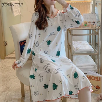 

Nightgowns Women Large Size Korean Spring Fashion Kawaii Loose Long Sleeve Ruffles Female Homewear Simple Soft Pregnant Dress