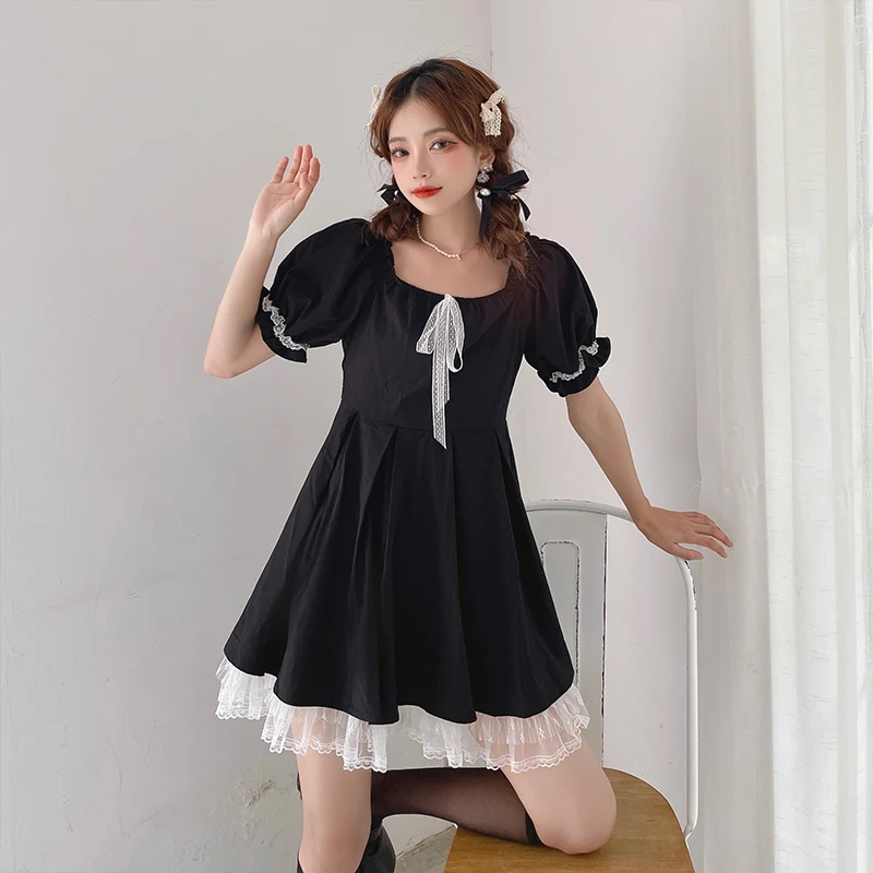 

Summer Square Collar Women Harajuku Lace Sweet Plus Size Dresses Black Vintage Lady Mini Pleated Dress High Waist Street Cloth