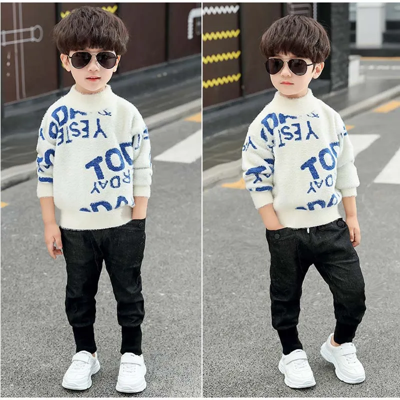 Kid Boy's Sweater Pullover New Autumn Children's Plush Thickened Knitwear Letter fashion Teenagers sweater 4-16 Years Old