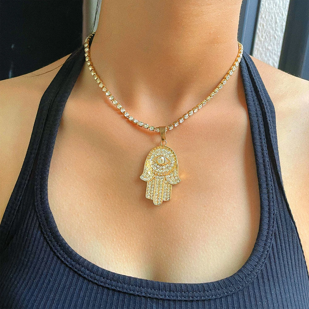 Colar pingente cristal mão Hamsa para homens e mulheres, cor dourada e  prata, mau olhado turco, gargantilha de tênis strass, joias da sorte, moda  - AliExpress, image size:1001x1001