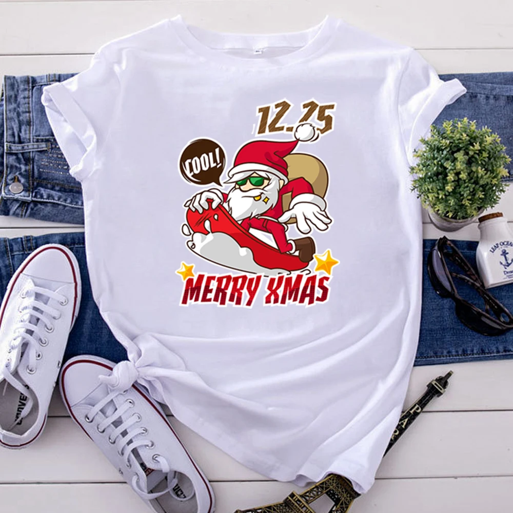 

Skateboard Santa Women T-Shirts Christmas Theme Printing T Shirt For Woman Punk Round Neck Womens Tshirtcasual Goth Clothing