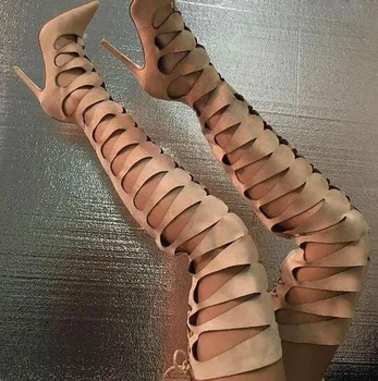 

Hot Sale Women Fashion Pointed Toe Cut-out Over Knee Suede Leather Gladiator Boots Black Beige Color Long Sexy Boots Dress Shoes