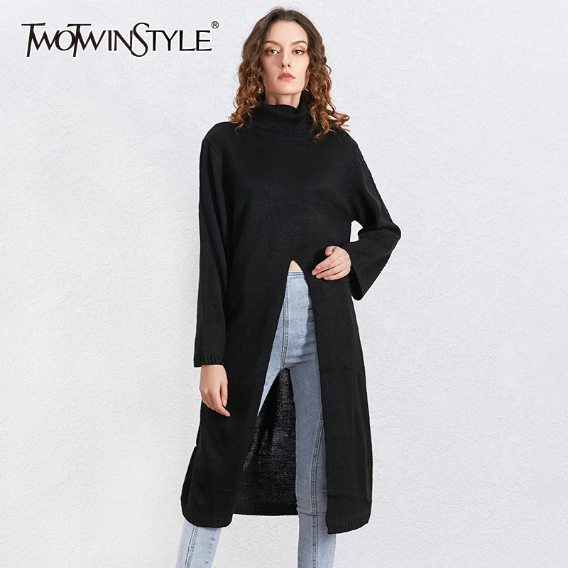 Женский вязаный свитер TWOTWINSTYLE Повседневный с высоким воротником и длинным