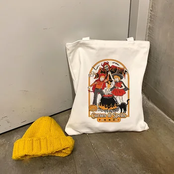 

New Devil Witch Funny Print Handmade Canvas Shoulder Bag Casual Harajuku Street Bags Large Capacity Handbag Sac Main Femme