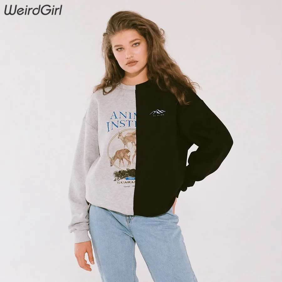 Weirdgirl/женские модные толстовки с принтом; повседневные свободные женские топы с длинными рукавами в стиле пэчворк; уличная одежда; сезон осень-зима