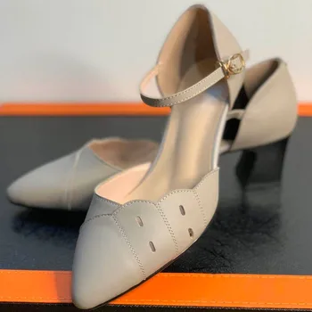 

Leather Women Shallow Genuine Shoes Summer Pointed Toe Thick Heel Sandals Elegant Office Lady Hollow Out Sandals Plus Size 42