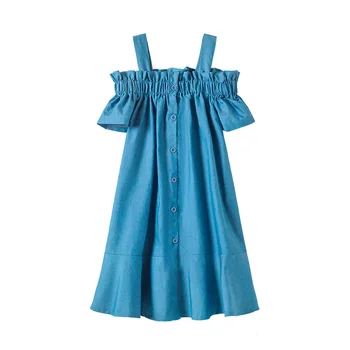 

Elegant Denim Dress For Girls 2020 Summer Ruffle Dress Teenager Kids Off Shoulder Sundress Fashion Children Jeans Clothes