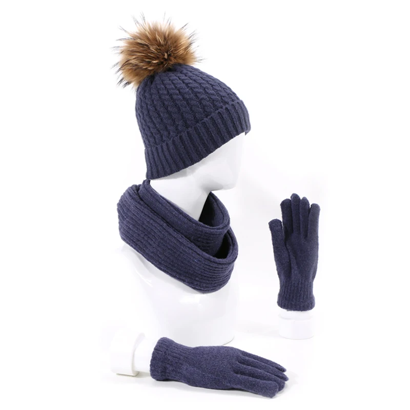 Вязанная зимняя шапочка-шарф из натурального меха с помпоном, набор перчаток для женщин и мужчин, толстые перчатки для сенсорного экрана, помпон, шапочка, кольцо, шарф, женские наборы - Цвет: C