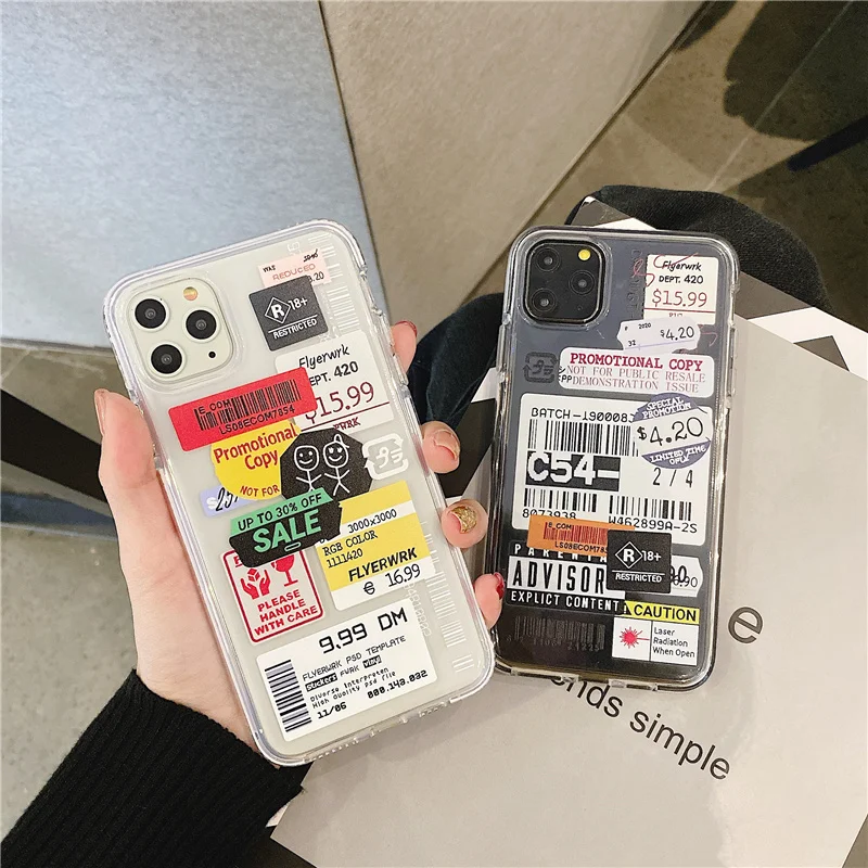 

Label warning silicone soft coque for case iphone 11 Pro Max X XR XS MAX 8 7 Plus anti-knock design bar code English words cover