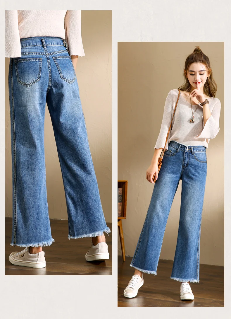 Женские широкие брюки с необработанным подолом и высокой талией, укороченные джинсы свободного кроя, модные повседневные брюки синего размера плюс