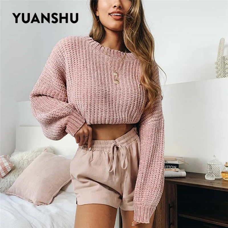 YUANSHU, розовый короткий осенний вязаный пуловер, женский свитер с круглым вырезом, рукав-фонарик, мягкий женский сексуальный Повседневный укороченный топ, трикотажный джемпер