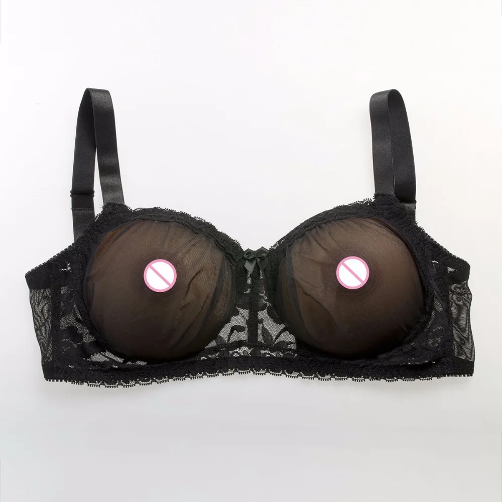 600g/pair Crossdresser Bra Classic Round Boobs Set(Silicone Breast Form Brown+Sexy Transparent Lace Pocket Bra Black