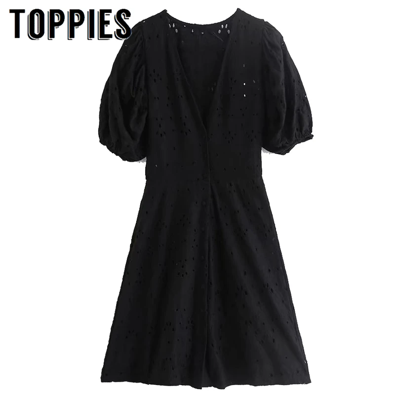 

Black Hollow Out Embroidery Dress Lantern Sleeve V Neck Mini Dress Lady Elegant Party Clothes vestidos mujer 2019