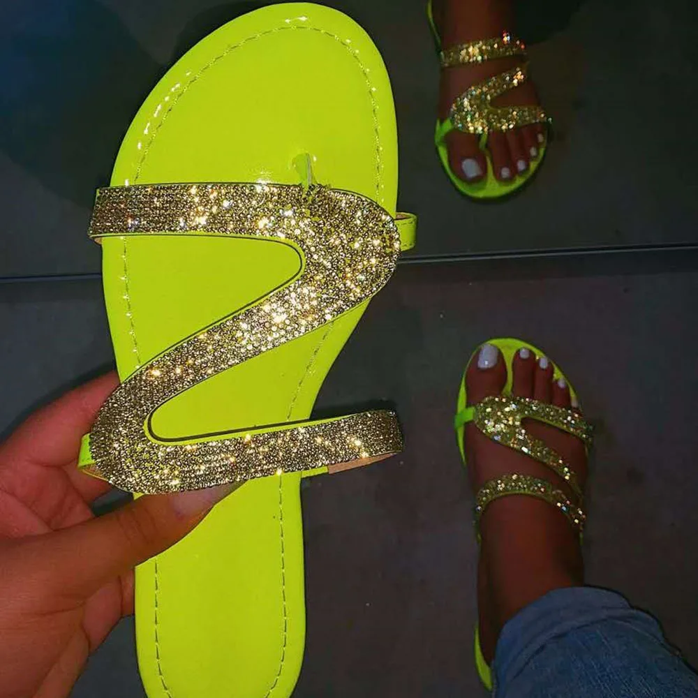 

Flat Slippers With Bling Rhinestones Fashion Slip-on Shallow Flat Shoes Casual Ladies Outdoor Beach Holiday Slipper Flip Flops