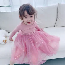 Осенняя одежда для девочек; Детские платья для девочек; Сетчатое платье с блестками и звездами; праздничная одежда для маленьких девочек; BC732