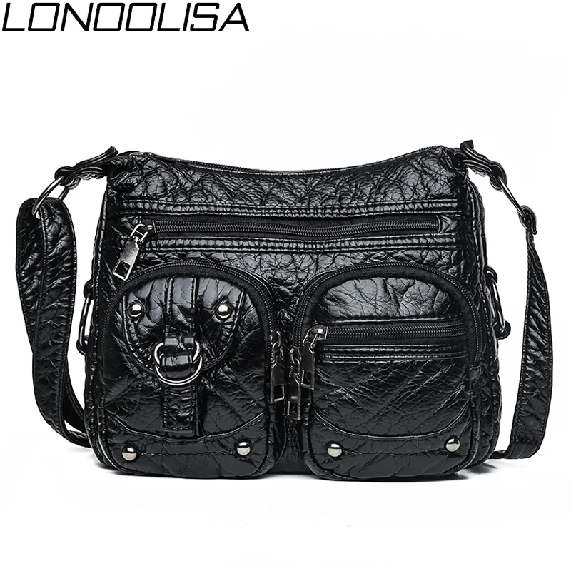 

Fashion Women Rivet Shoulder Bag Soft Washed Leather Crossbody Bags for Women Ladies Light Black Messenger Bag Bolsa Feminina