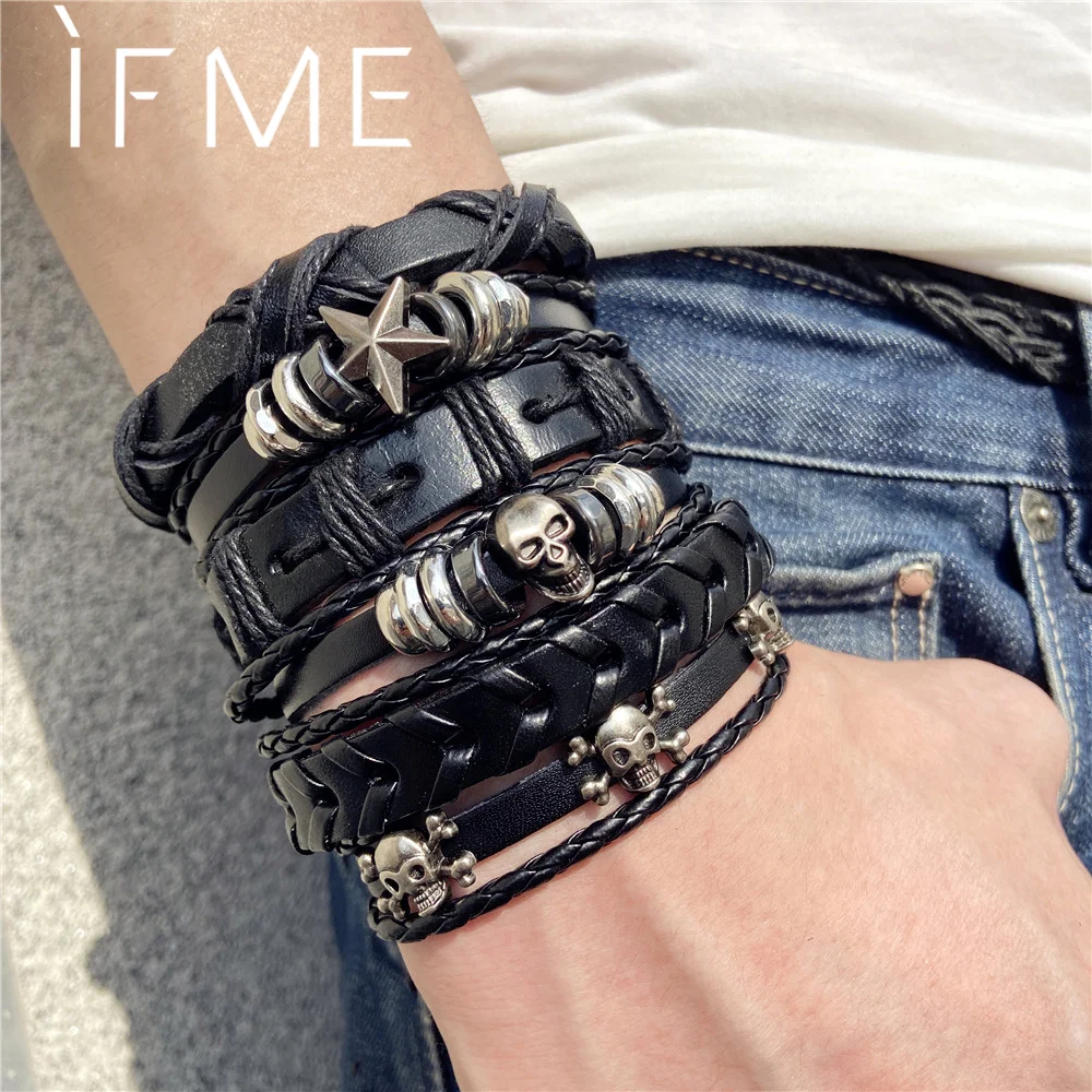 Комплект многослойных браслетов IF ME мужских готические браслеты из кожи в стиле