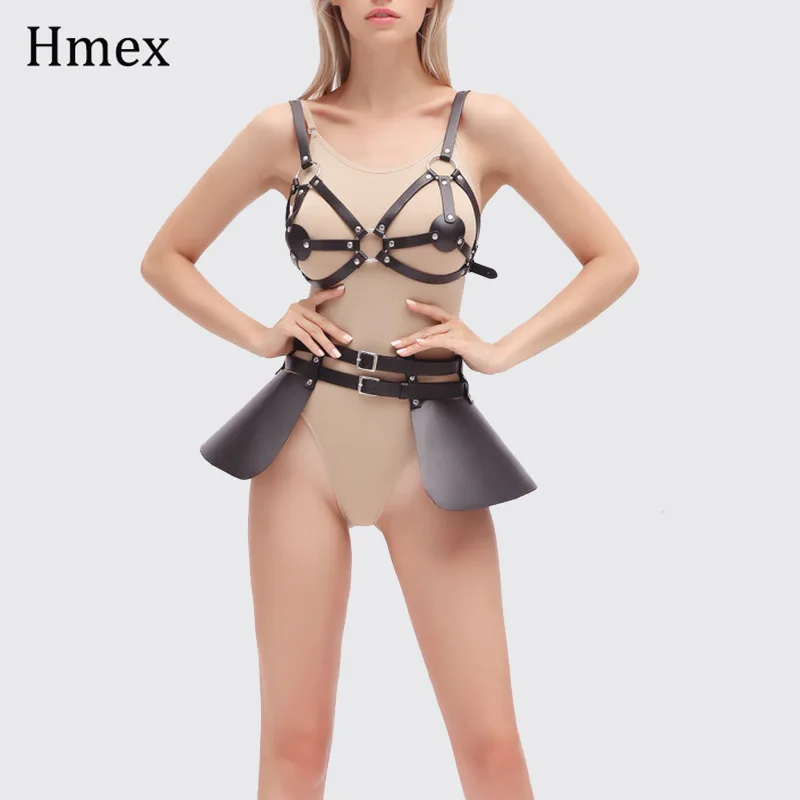 Set Панк юбка из искусственной кожи комплект из 2 предметов женские подвязки ремни для нижнего белья сексуальный готический ремень на запястье эротический бюстгалтер Фетиш-платье нагрудный ремень - Цвет: Set